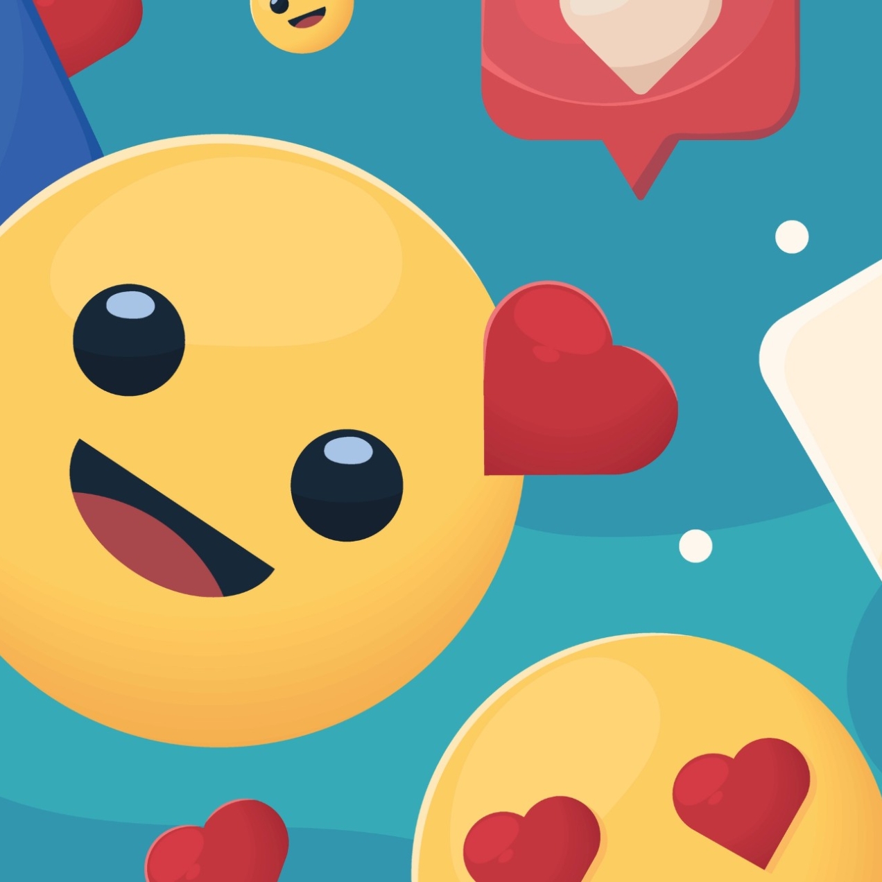Illustration of various emojis (hearts, smiling faces, thumbs up etc.)